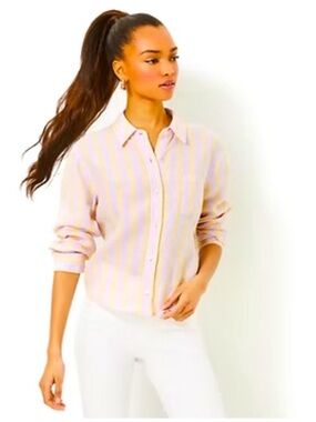 Lilly Pulitzer Coralynn Linen Button Down Lilac Opal Island Secrets Stripe